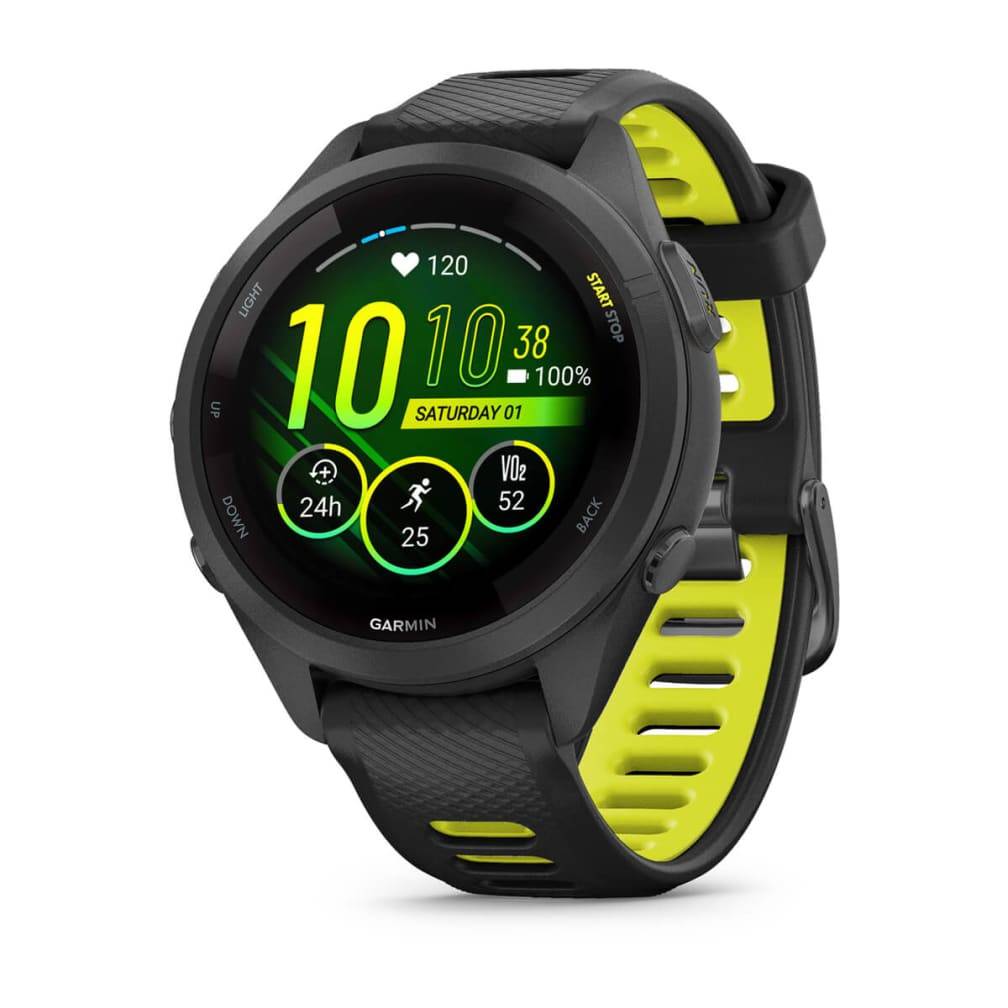 Smartwatch Garmin Forerunner 265S 42mm Rebordo e Caixa Pretos com Bracelete Preta/Amarela em Silicone