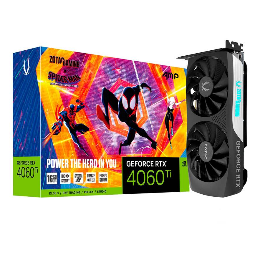 PlacaGráficaZotacGamingNVIDIAGeForceRTX4060TiAdaLovelaceAMP16GBGDDR6DLSS3Spider-Man:AcrosstheSpider-VerseBundle