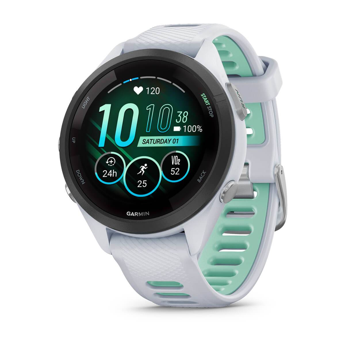 Smartwatch Garmin Forerunner 265S 42mm Rebordo Preto com Caixa Branco Pedra e Bracelete Branco Pedra/Neo Tropic em Silicone