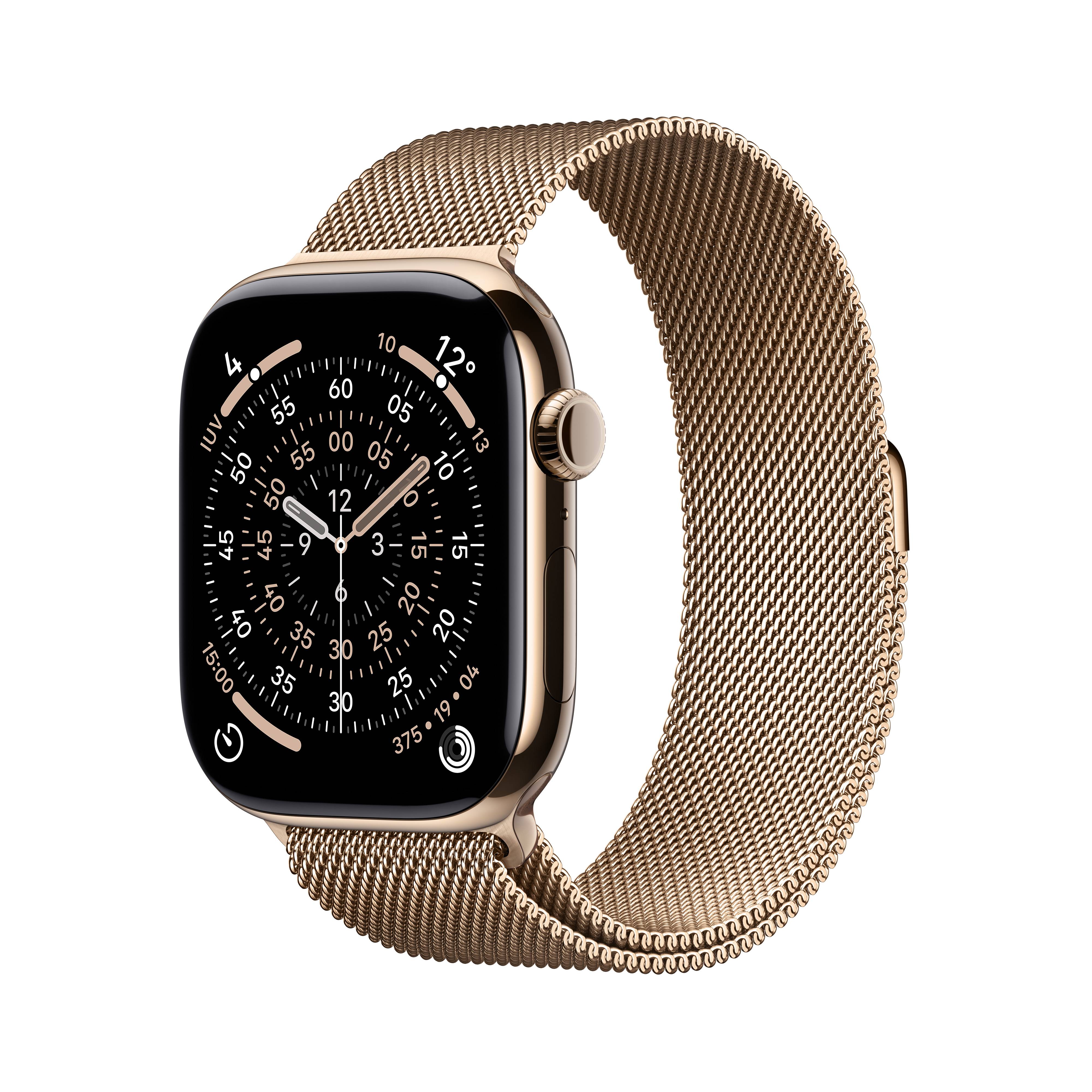 Apple Watch Series 11 GPS + Cellular 46mm Titânio Dourado c/ Bracelete Loop Milanesa Aço Inoxidável Dourada - S/M