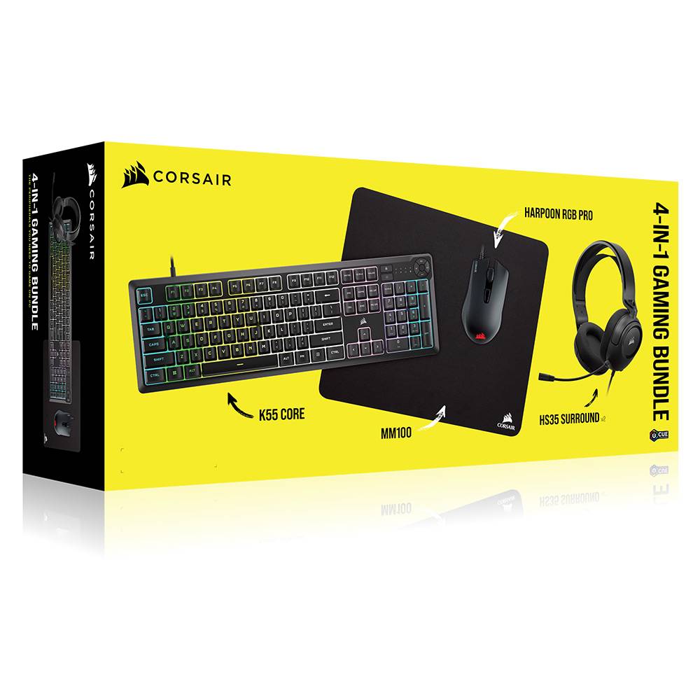 Bundle Corsair 4-in-1 Gaming Teclado K55 Core RGB (PT) + Rato Harpoon RGB Pro 12000DPI + Headset HS35 Surround v2 + Tapete de Rato M