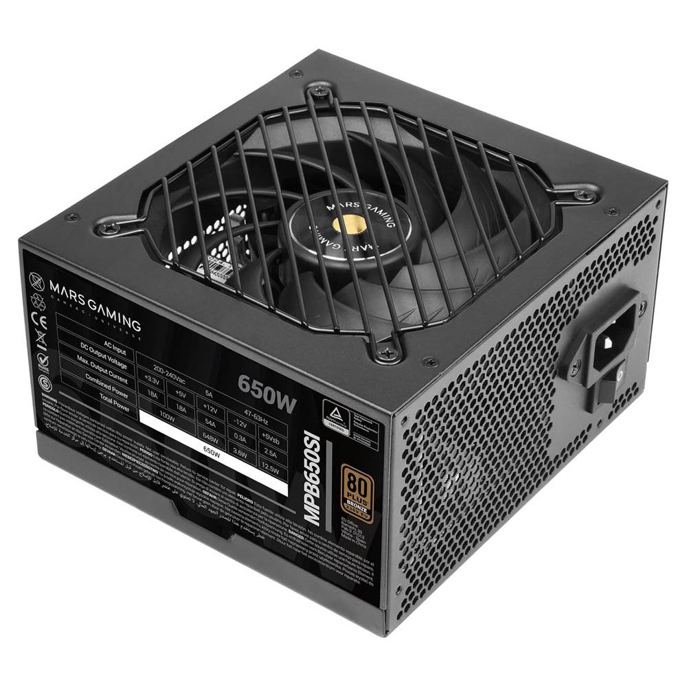 Mars Gaming MPB650SI, ATX Voeding PC 650W, 7 Jaar Garantie, 80Plus Bronze 230V, 90% Efficiëntie, SI Extreme Silence Ventilator met Koperen Kern, AI2- RPM, DC-DC en SMD Technologieën, Zwart