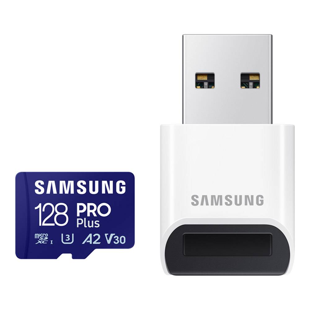 Cartão de Memória microSDXC Samsung PRO Plus 128GB (180MB/s) UHS-I, U3, V30, A2 + Leitor USB