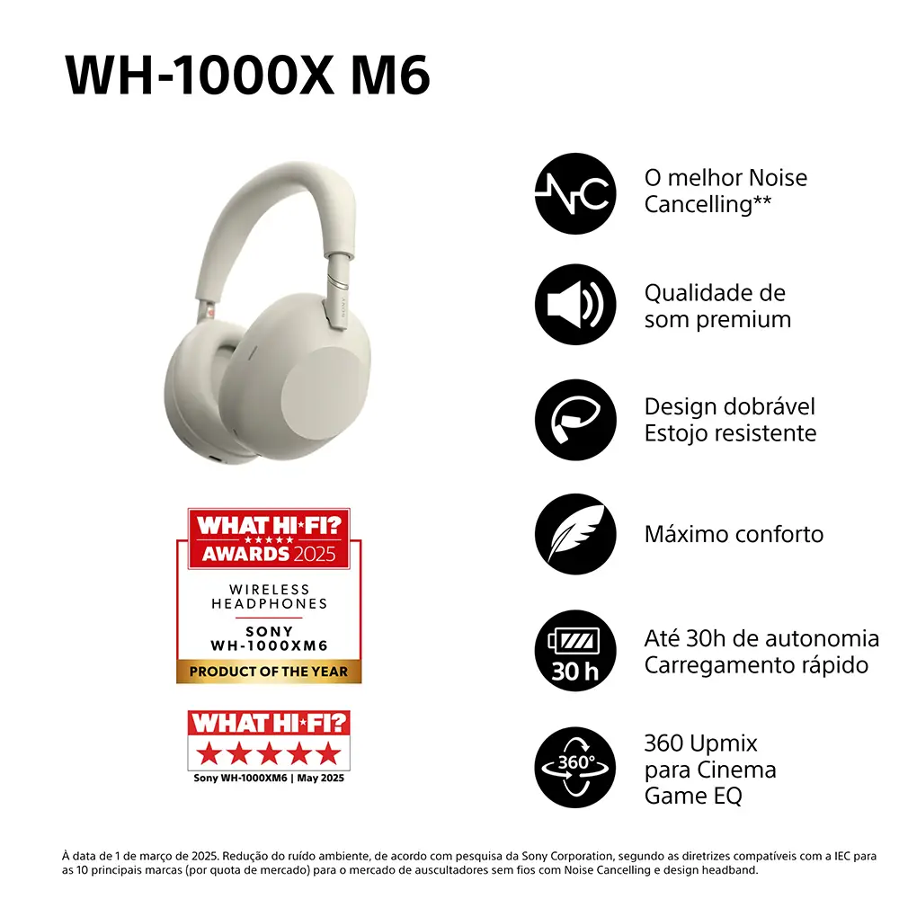 Headphones Sony WH-1000XM6 Bluetooth ANC NFC Prateados | PCDIGA