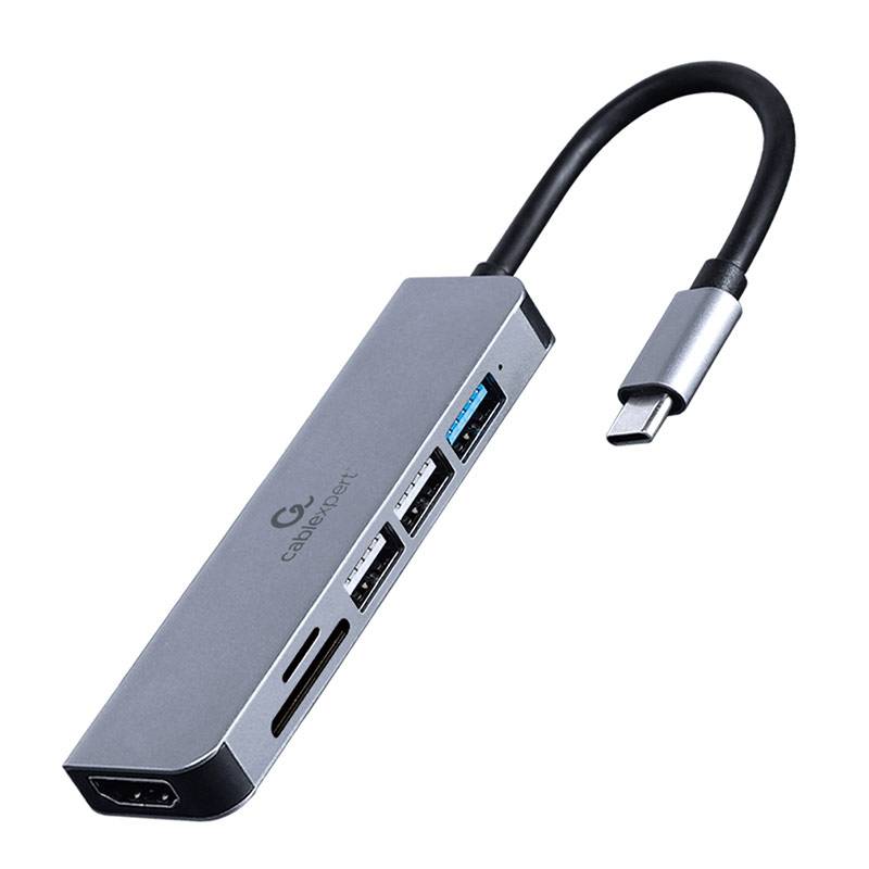 Adaptador USB-C Gembird 6-in-1 (Hub + HDMI + Leitor de Cartões) Prateado