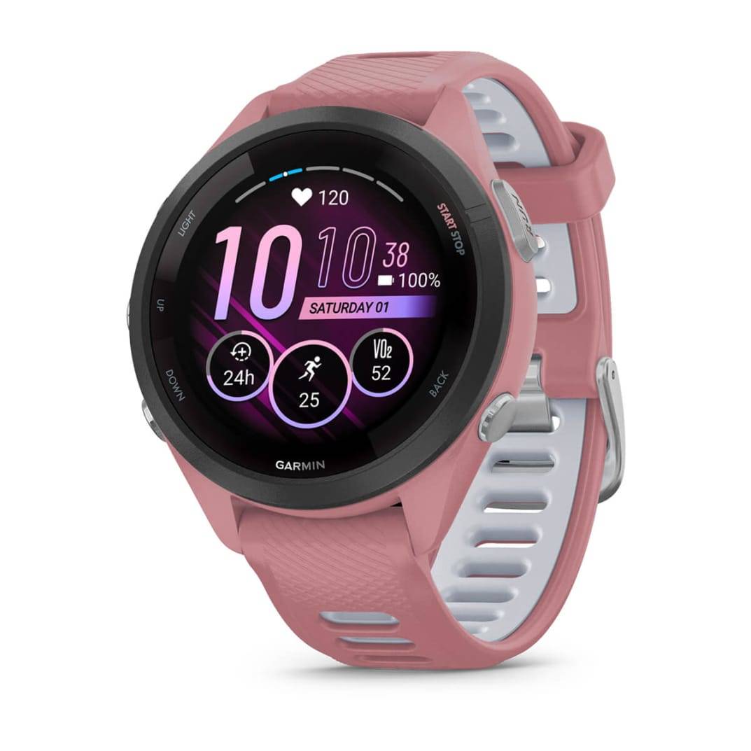 Smartwatch Garmin Forerunner 265S 42mm Rebordo Preto com Caixa Rosa Claro e Bracelete Rosa Claro/Cinzento Pó em Silicone