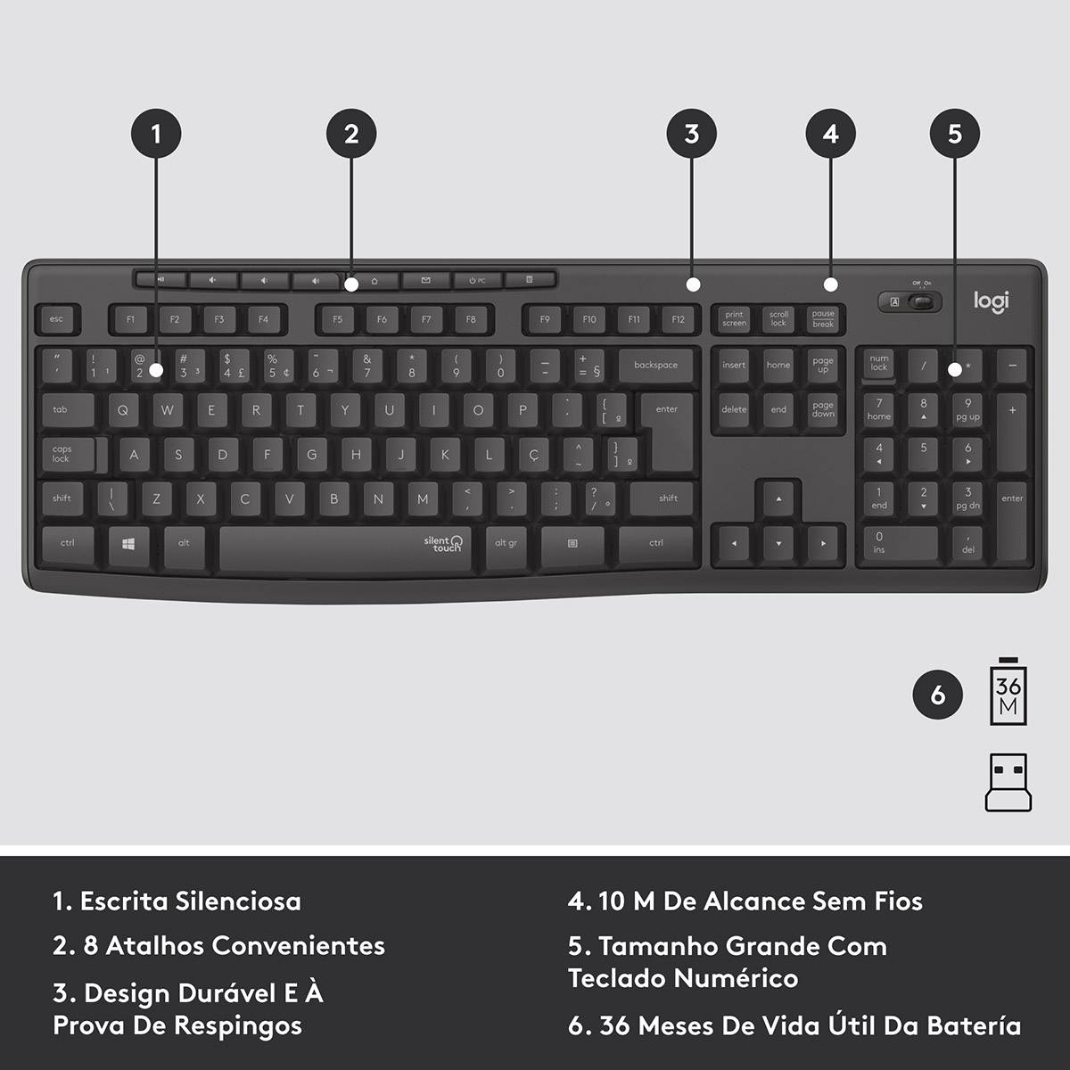 Teclado Rato Logitech MK295 Silent Wireless Combo PT Graphite